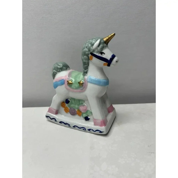 Unicorn Hobby Horse Carousel Figurine Ceramic Porcelain Figure Rose Star Used - Picture 2 of 3